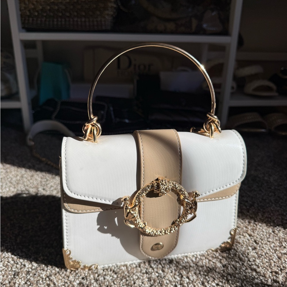 Vintage White and Taupe Handbag with Gold Hardware